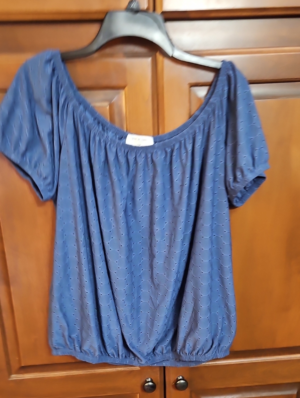 Kim & Cami Navy Blue Eyelet Short Sleeve Peasant Top